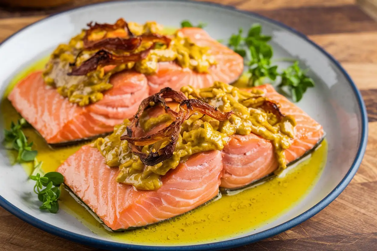 Baked salmon fillets with a Dijon mustard glaze, garnished with herbs.
