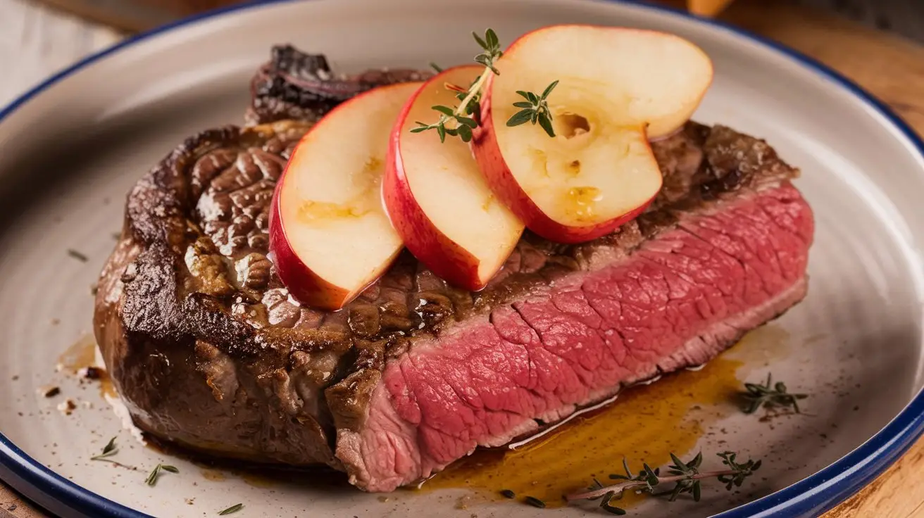 Pan-fried steak with a side of caramelized apples, creating a delicious contrast of flavors.