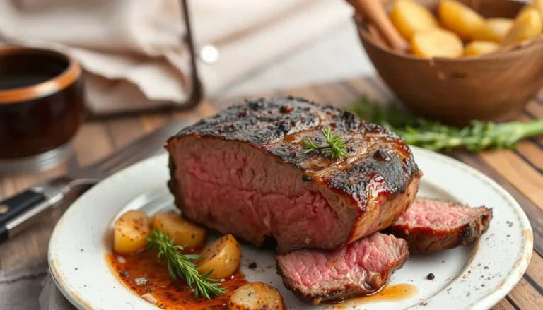 Rinderhüftsteak in der Pfanne braten – Ein saftiges Rinderhüftsteak wird in einer heißen Pfanne gebraten.