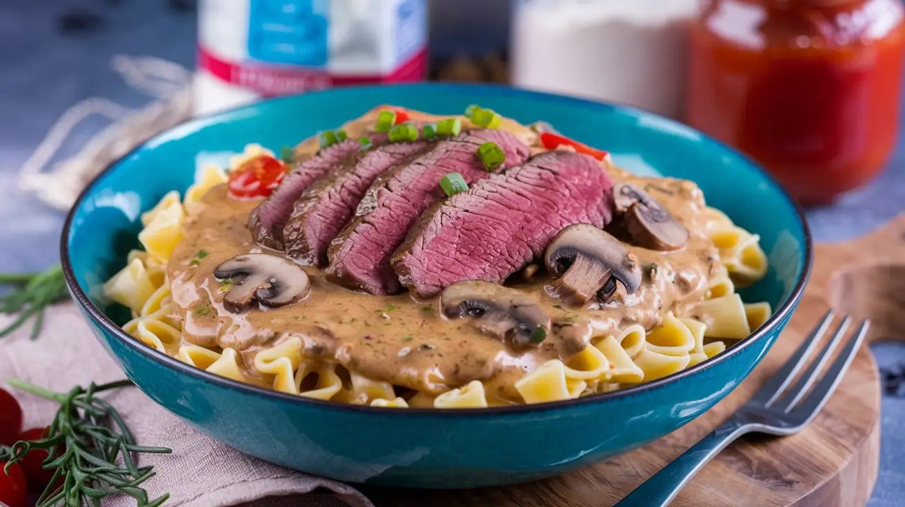 Beef Stroganoff mit Pasta – Ein Teller Beef Stroganoff, serviert mit frischer Pasta.