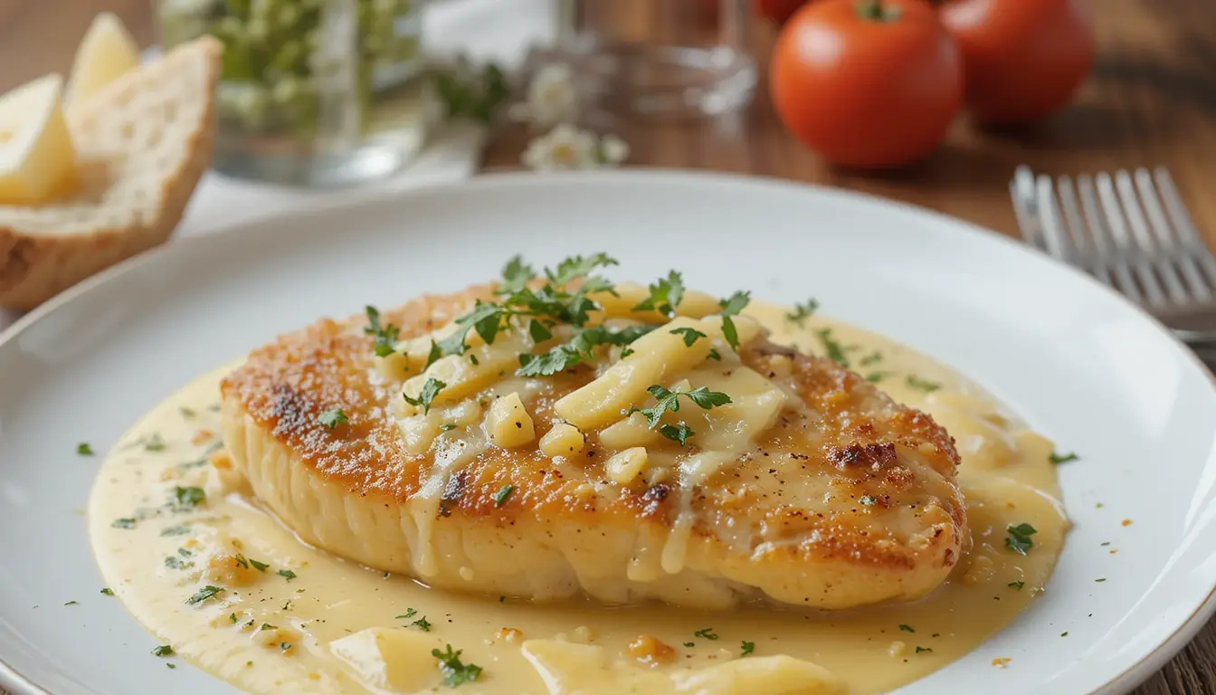 Tender chicken fillet in a creamy fresh cheese and Parmesan sauce, served as a delicious dinner dish.